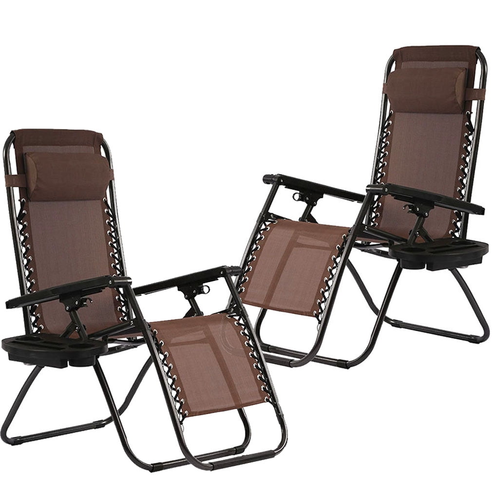 Set of 2 Zero Gravity Chairs Reclining Folding Chairs Yard Bench With Holder