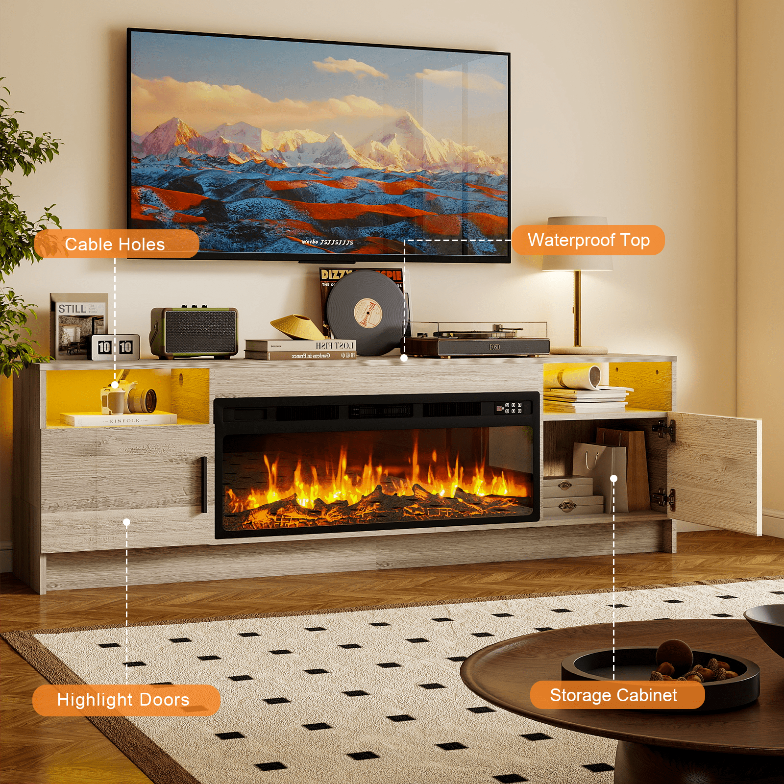 Rocyis 70” TV Stand with 3D Realistic Log Flame Electric Fireplace, Entertainment Center for TVs Up to 80-Inch, Modern TV Console with High Glossy Doors & LED Lights, Gray