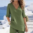 thumbnail image 5 of YABCSAZ Women's Cotton Linen 2-Piece V-Neck Top and Wide Leg Pants Set Casual Summer Outfits Lightweight Breathable Loose Fit Two Piece Set Green, Gifts for Women, 5 of 8
