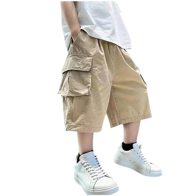 Short Cargo Ample Garçon Jambe Droite Short Cool Poche à Rabat Lettre Patchée Court Kaki 8-9 Ans