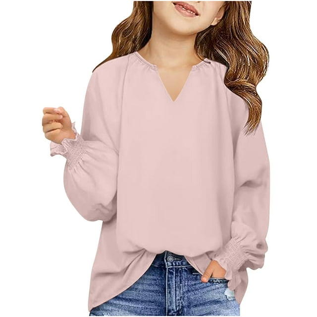 MeetoTime Girls Solid Color Loose Puff Sleeve Long Sleeve V-neck Top Spring Fall Kids Shirt 6-16 Years
