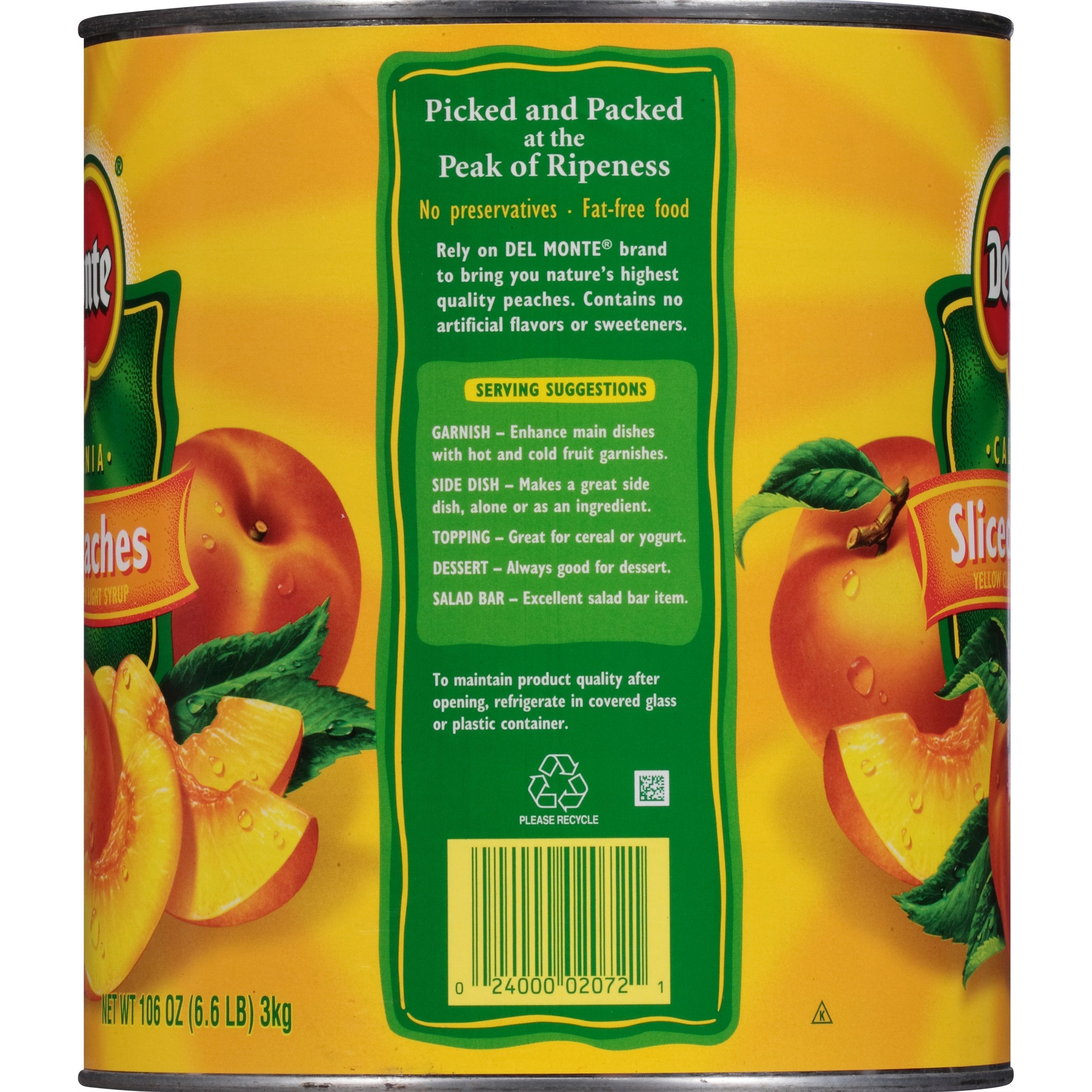 Del Monte Lite Yellow Cling Sliced Peaches, Canned Fruit, 106 oz Can - image 3 of 6