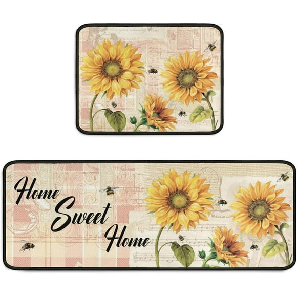 Farmhouse Kitchen Rugs and Mats 2 Pieces Rooster Kitchen Decor,Buffalo Plaid Sunflowers Anti Fatigue Non Slip Kitchen Mat Farm House Waterproof Washable Rug17x24+17x48inch (Black kitchen1)