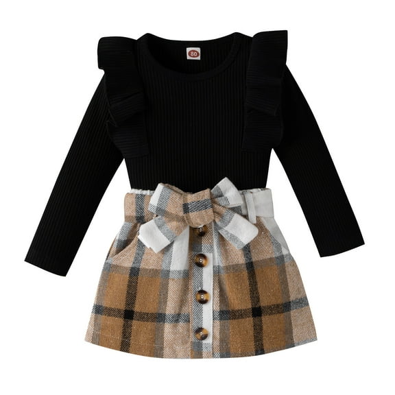 CUZIBR Baby Girl Winter Outfits Plaid Skirts Set Ruffles Long Sleeve Ribbed Round Neck Tops Shirt Bow Button Plaid Skirt Stylish Warm Dailywear Fall Winter Outfits,Black,18-24 Months