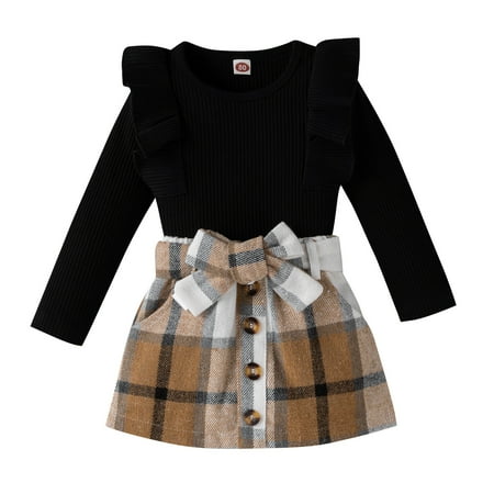 

Kids Toddler Baby Girls Autumn Winter Print Cotton Long Sleeve Ribbed Tops Plaid Skirts Bow Tie Set Clothes Baby Girl Clothes 6-9 Months A World without Clothes