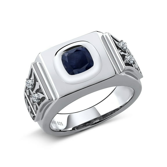 Gem Stone King 2.86 Ct Cushion Blue Sapphire White Topaz 925 Sterling Silver Men's Ring (Size 12)