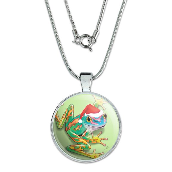 Santa Hat Rainforest Christmas Tree Frog 1" Pendant with Sterling Silver Plated Chain