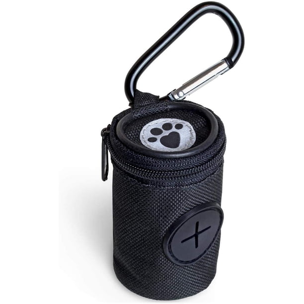 Dispensador de bolsas de tela para excrementos de perro, soporte para bolsas de excrementos de perro con mosquetón - Negro