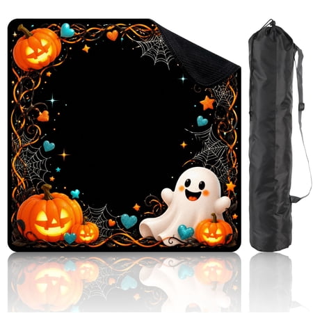 Travel Mahjong Mat 21 x 21 Halloween Pumpkin Ghost Webs Orange o Lanterns Stars Hearts Black Non-Slip Noise Reduction Mini Mahjong Tiles for Dominoes Poker Card