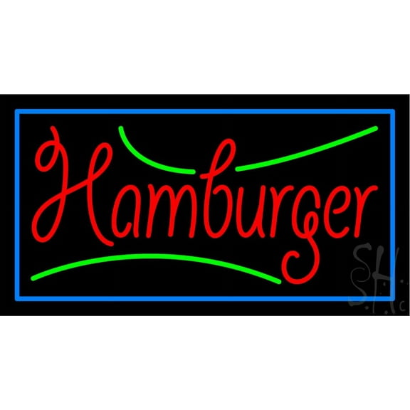 Hamburger LED Neon Sign 13 x 24 - inches, Clear Edge Cut Acrylic Backing, with Dimmer - Bright and Premium built indoor LED Neon Sign for restaurant window and interior decor.