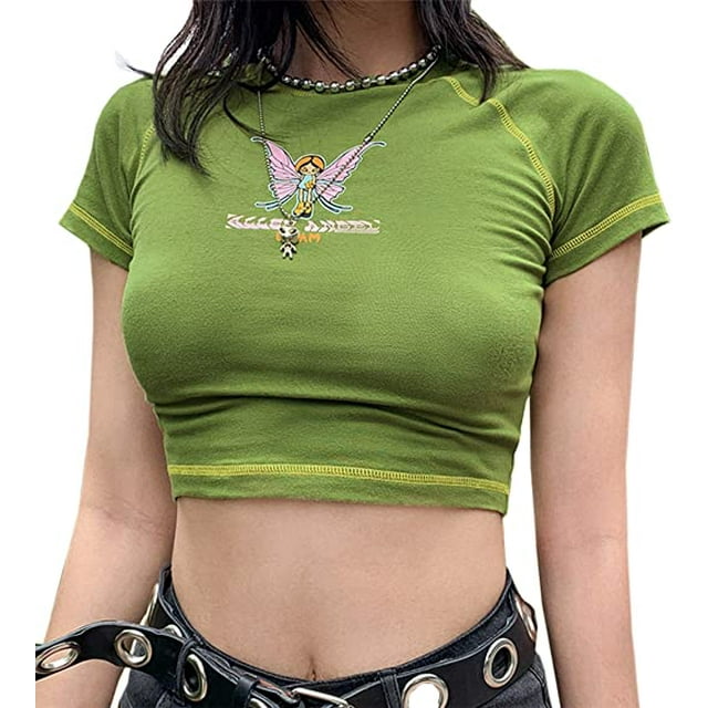 BAMAIA Femmes E-Girl Papillon Graphique et Lettre Impression Point Crop Tops Été O Cou Manches Courtes Crop Tee Top