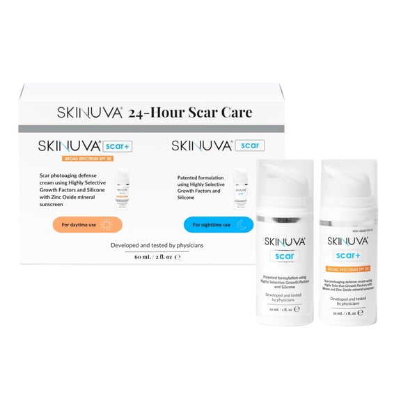 Skinuva® 24 Hour Care Kit: Next Generation Scar (1 oz) & Next Generation Scar SPF 30 (1 oz) - Advanced Silicone Cream Matrix Formulated with Growth Factors & Helps Reduce the Appearance of Scars