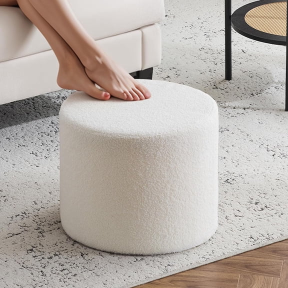 Boucle Ottoman Round Foot Stool, 17x13 Floor Pouf with High-Density Foam Filling and Washable Cover, Modern Foot Rest for Living Room, Bedroom, Office, Chair, Beige