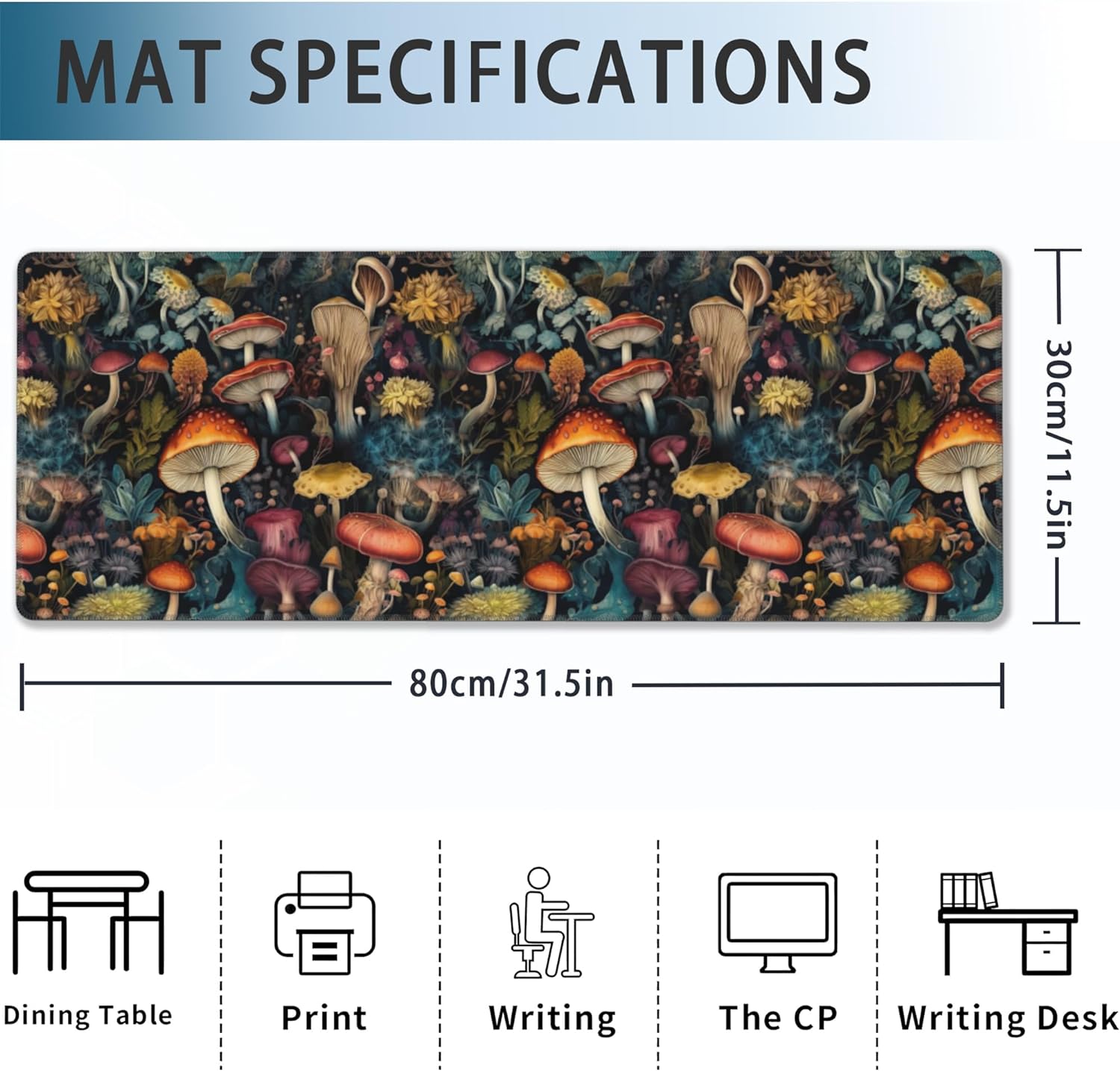 Mushrooms Desk Mat, Vintage Mushroom Floral Extended Gaming Mouse Pad Large, Big Desk Mat with Non-Slip Base and Stitched Edge, Long Computer Keyboard Mouse Mat for Home Office Work 31.5"x11.8"