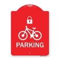 thumbnail image 1 of SignMission A-DES-RW-1824-23476 18 x 24 in. Designer Series Sign - Parking with Cycle & Lock Symbol, Red & White, 1 of 1