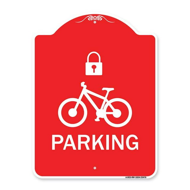 SignMission A-DES-RW-1824-23476 18 x 24 in. Designer Series Sign - Parking with Cycle & Lock Symbol, Red & White