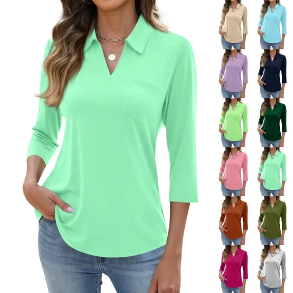 3/4 Length Sleeve Womens Tops Dressy Casual V Neck Polo Shirts Business Work Blouses 2026 Trendy Tunic Top,Mint Green XXL