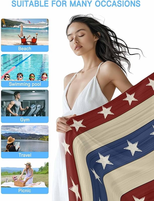 Rustic Wood Stars Beach Towels USA Patriotic Red White Blue Stripes Sand Free Beach Towel for Pool Swimming Travel Vacation Quick Dry Absorbent Bath Pool Towels