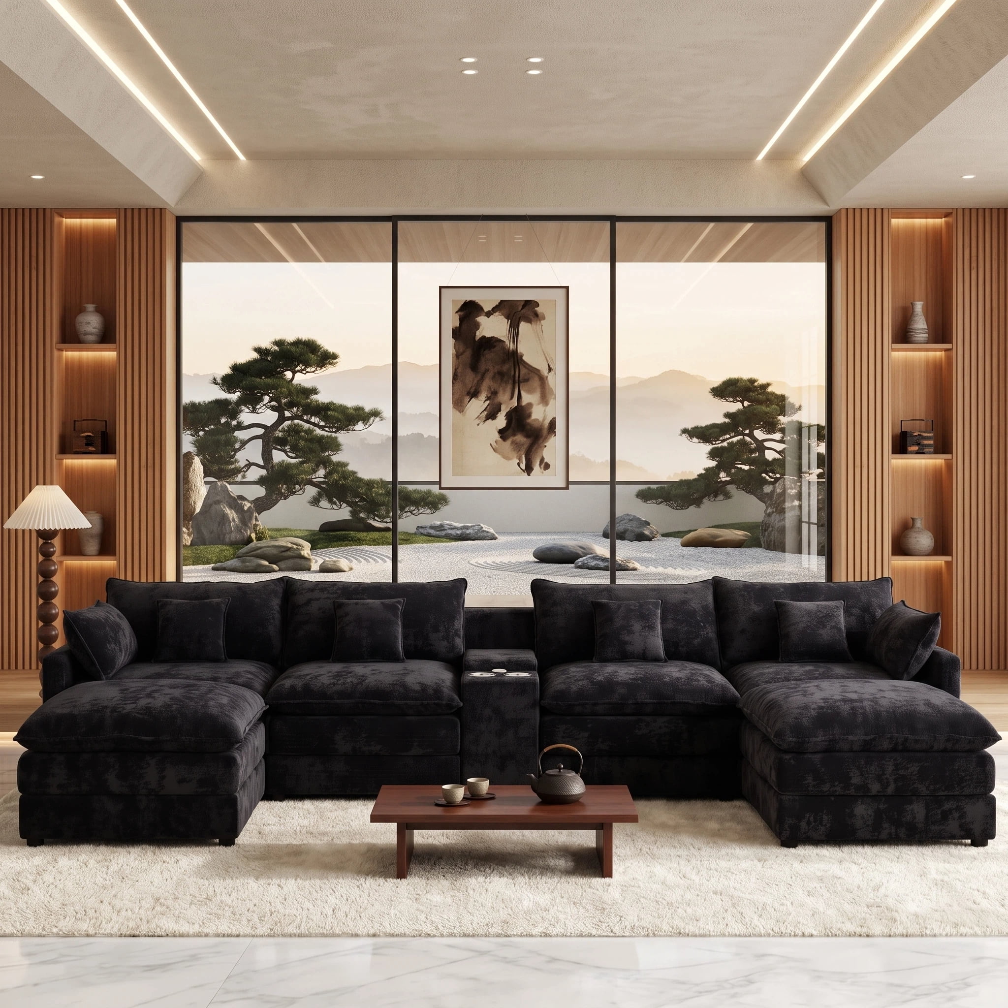 UBERLYFE 145 Inch U-Shaped Cloud Sectional Sofa, Chenille Modular Couch With Double Chaise, USB Charging Ports, Hidden Storage & Cup Holders For Living Room, Black