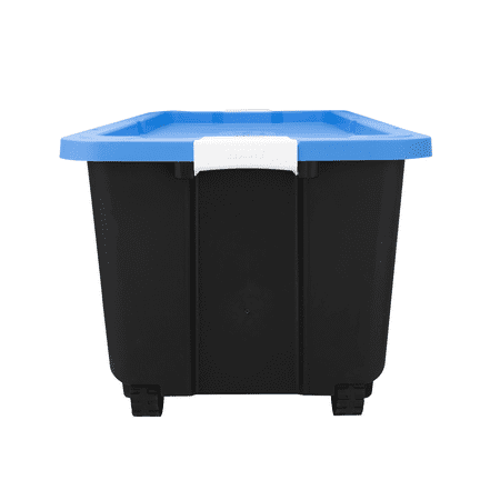 HART 50 Gallon Rolling Plastic Storage Bin Container with Pull Handle, Black with Blue Lid, Set of 2
