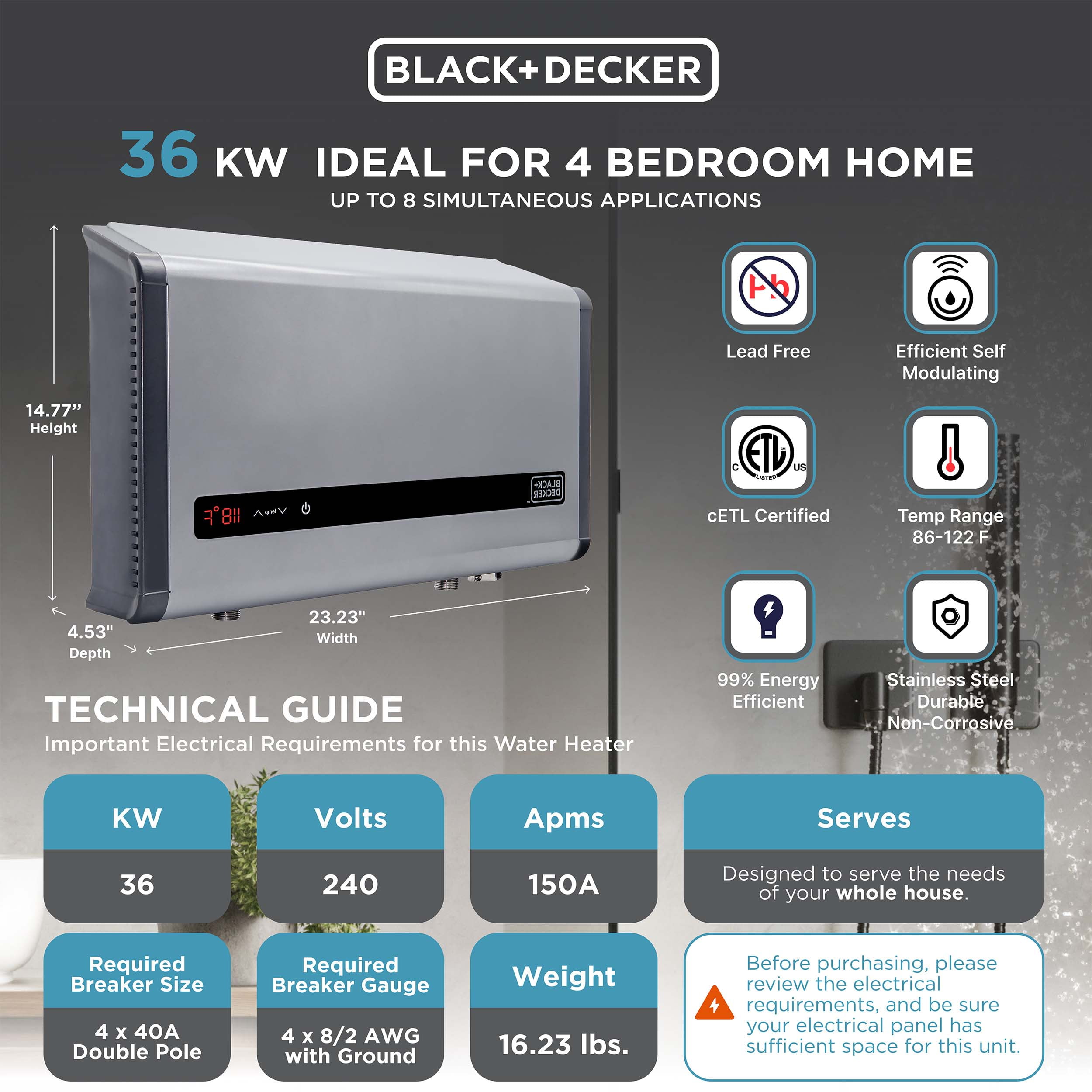 BLACK+DECKER 36 kW Self-Modulating 6.1 GPM Electric Tankless Water Heater, Multi-Application Hot Water Heater Electric Sansujyuku sansujyuku.com
