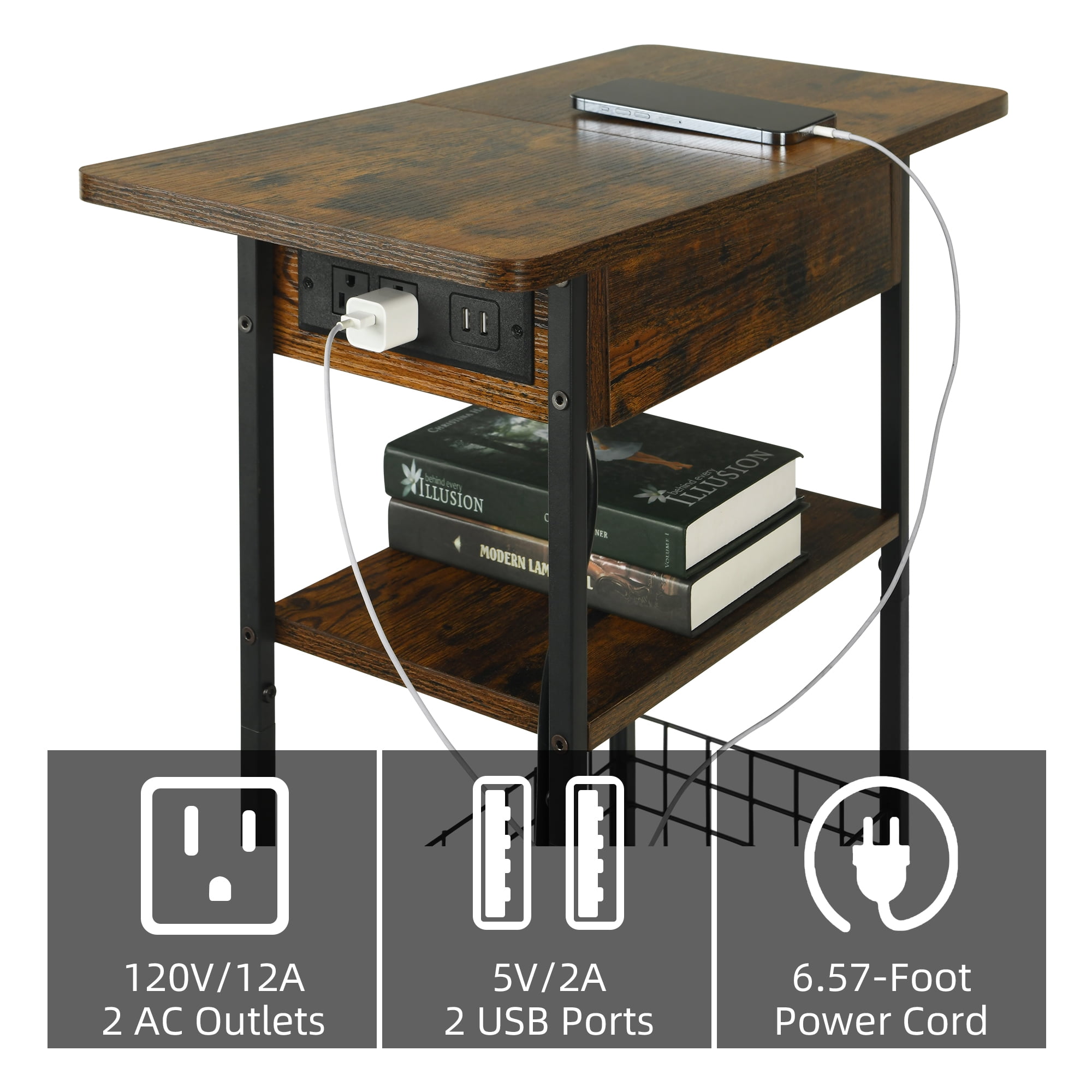 Noahas End Table with Charging Station, Flip Top Side Table with USB Ports and Outlets, Nightstand for Small Spaces, Bedside Tables with Storage Shelf for Living Room,Rustic Brown