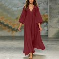 thumbnail image 2 of Ygbgbb Women V‑Neck Puff Sleeve Loose Maxi Dress, Elastic Waist Flowey Hem Casual Dress for Beach Holiday and Summer Relaxed Daily Wear Wine XXL, 2 of 7