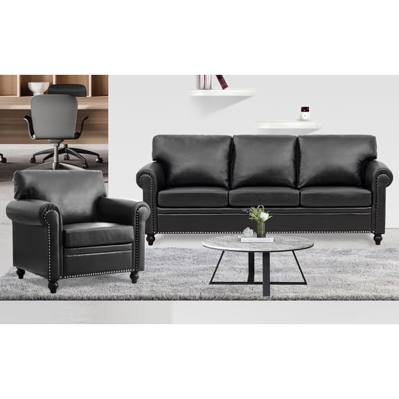 Black Faux Leather 3-Seater Sofa and Accent Chair Set with Rivet-Trimmed Rolled Arms, Easy Assembly,Mid-Century Modern Living Room Furniture for Apartment or Office (Black PU, Sofa Chair)