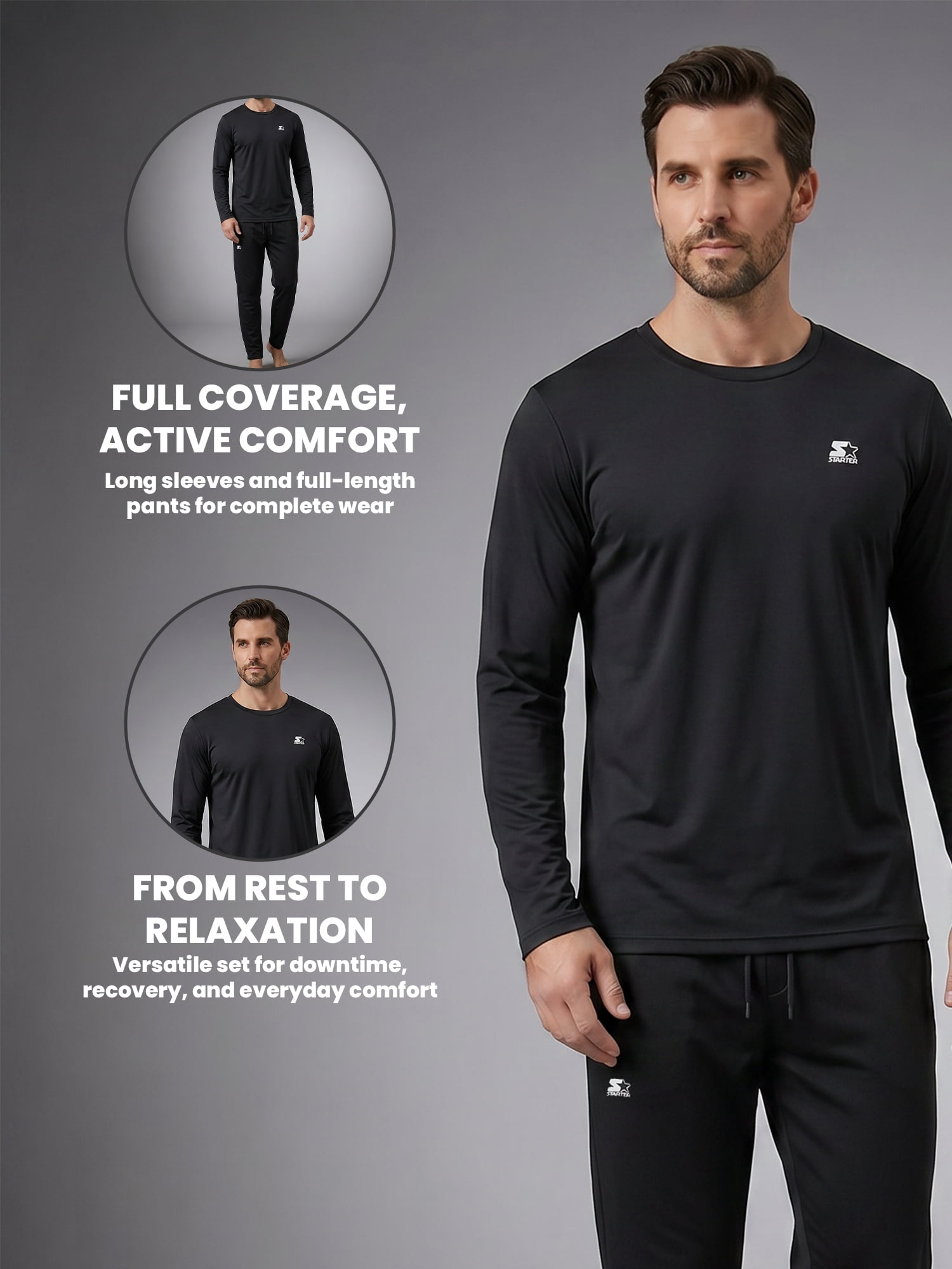 Starter Men's Pajamas 2-Piece Super Soft Long Sleeve Top and Pant Set, Black, L