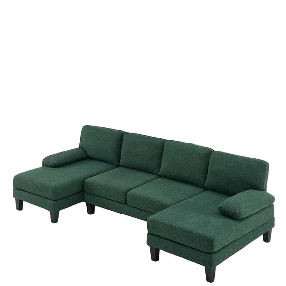 U-Shaped Sectional Couch, 4-Seat Sofa with Two Chaise for Living Room, 111.4-Inch Dark Green Chenille