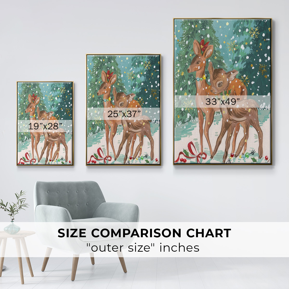Doe and Fawn I - Framed Gallery Wrapped Holiday Canvas - 17 x 25 - Gold Frame