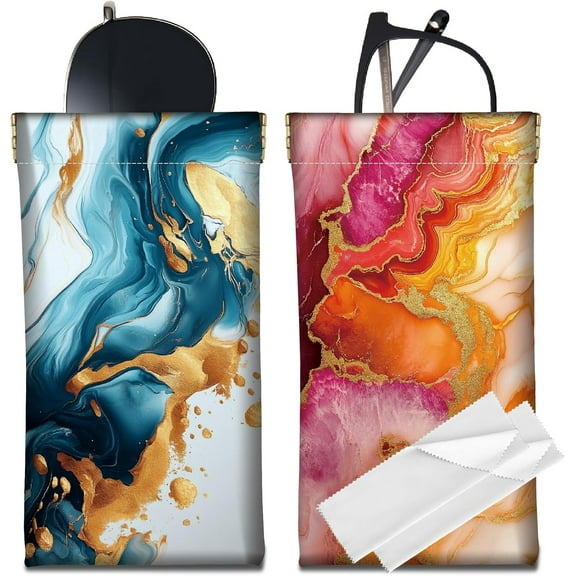 2Pcs Leather Slim Glasses Case Portable Soft Sunglasses Case Bags Squeeze Top Eyeglasses Holder Pouch Travel Waterproof with Cleaning Cloth Gift for Women Men Holiday Marble 7x3.5 Inch
