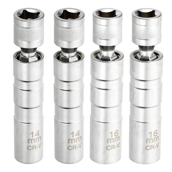 Uxcell 2pcs Spark Plug Socket 3/8" Drive 14/16mm Swivel Magnetic 12 Point Thin Wall Spark Plug Socket with 360 Degree Swivel CR-V Steel, Matte Silver
