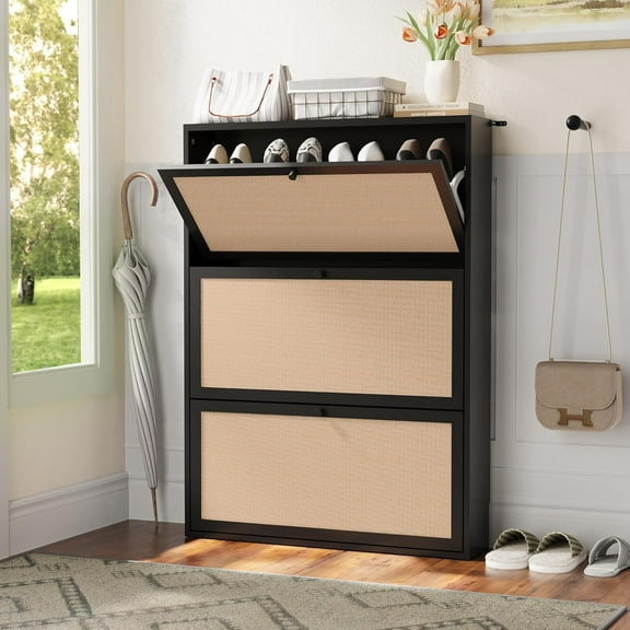 Shoe Storage Cabinet with 3 Flip Drawers, Narrow Wood Shoes Cabinet with Linen Doors Drawer, Freestanding Shoe Organizer Slim Shoe Cabinet Storage Shoe Rack for Entryway Hallway (Black)