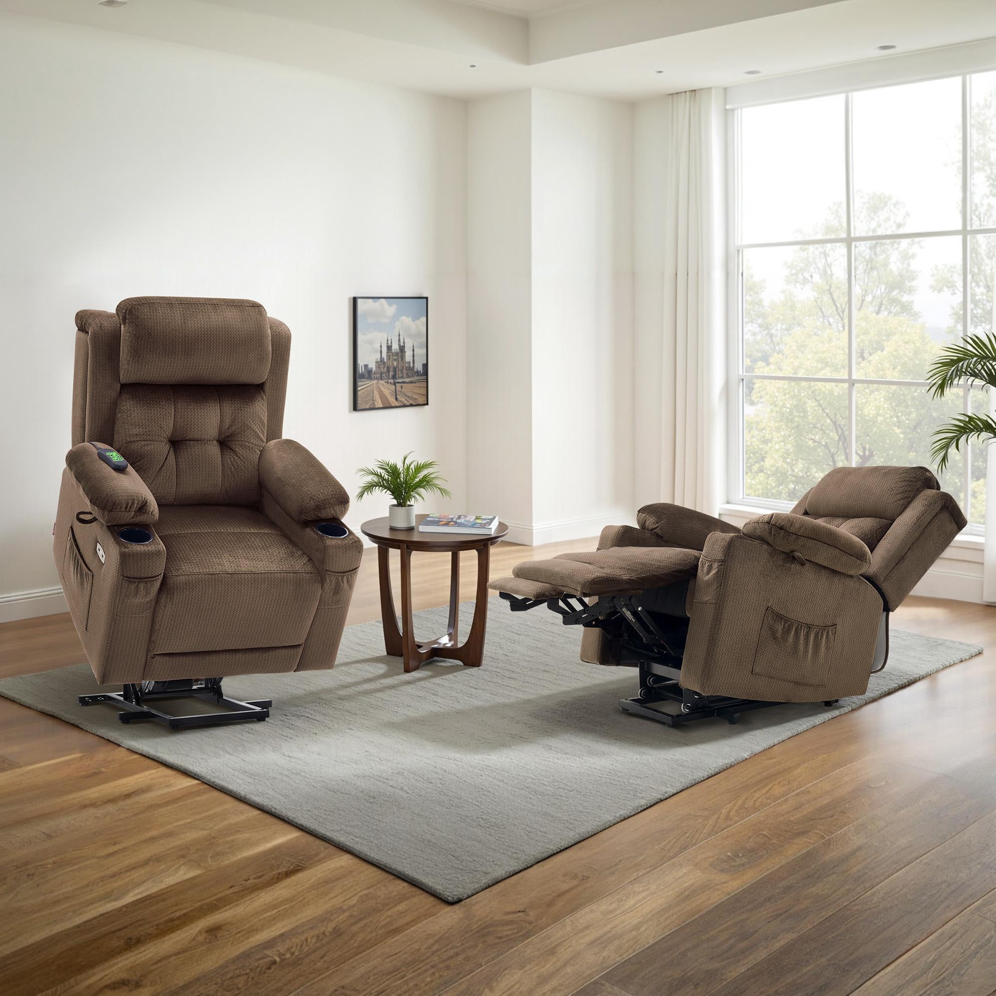 MCombo Small Triple Motor Power Lift Recliner Chair for Petite Elderly, Adjustable Headrest, Infinite Position, Fabric(Brown)