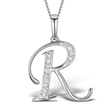 Trillion Designs Sterling Silver 0.05Ct Round Cut Natural Diamond Initial R Symbol Pendant Necklace