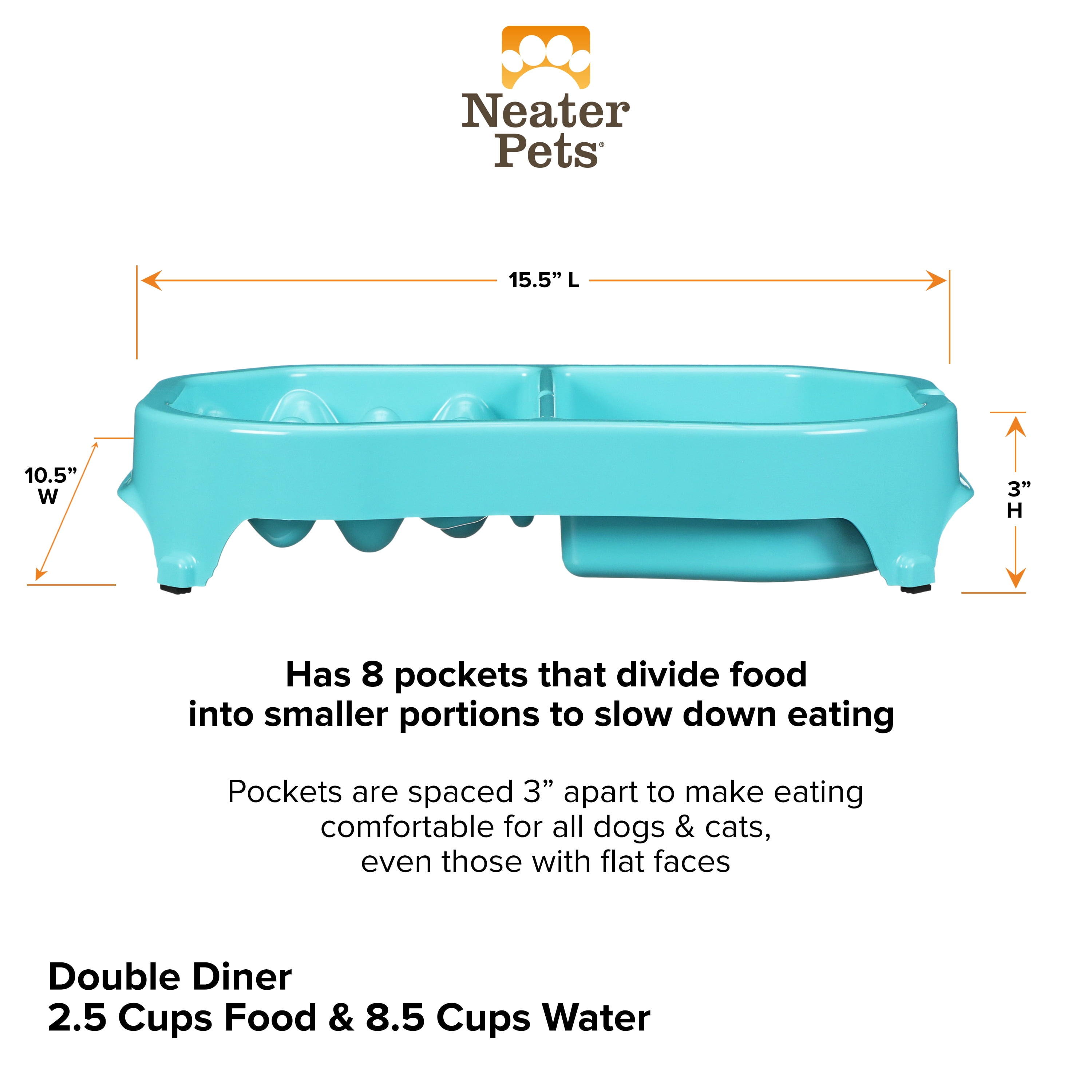 Neater Pet Brands Neater Slow Feeder Double Diner Food and Water Bowl - Improves Digestion, Stops Obesity, and Slows Down Eating, Aquamarine