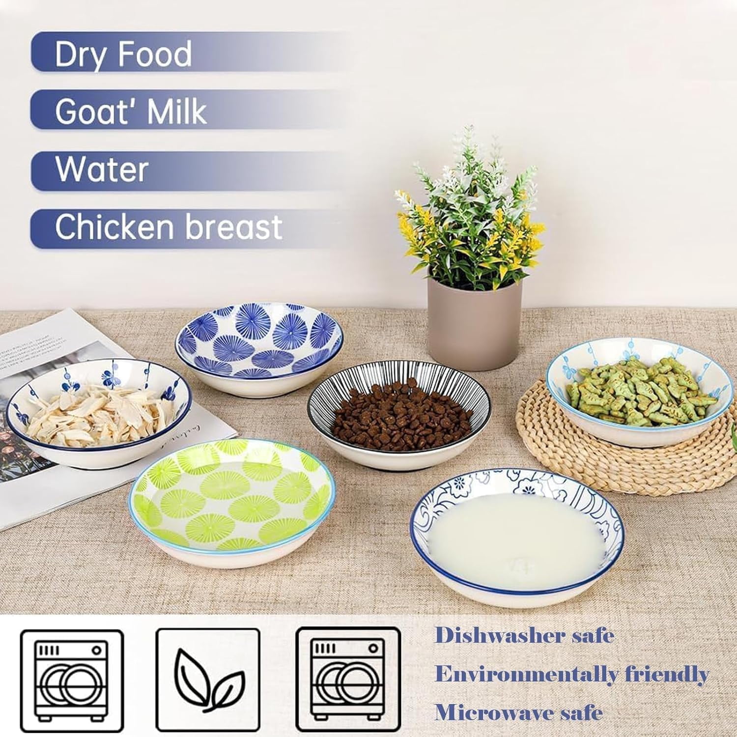 Ceramic Cat Bowls with Non-Slip Silicone Bottom,6 Pack Cat Food Bowl,Anti Whisker Fatigue Cats Dishes for Indoor Cats,Healthy Ceramic Kitten Plates for Daily Feeding Gift Choice (Classic)