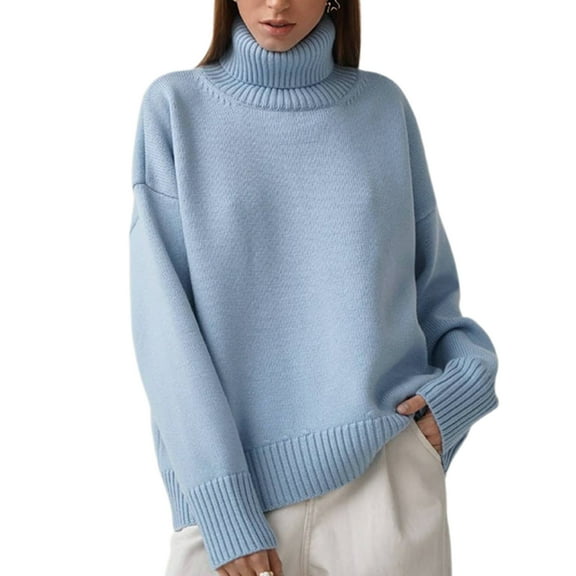 Women Sweater High Collar Long Sleeve Ribbed Trim Pullover Tops Loose Fit Solid Color Mid-length Knitting Tops