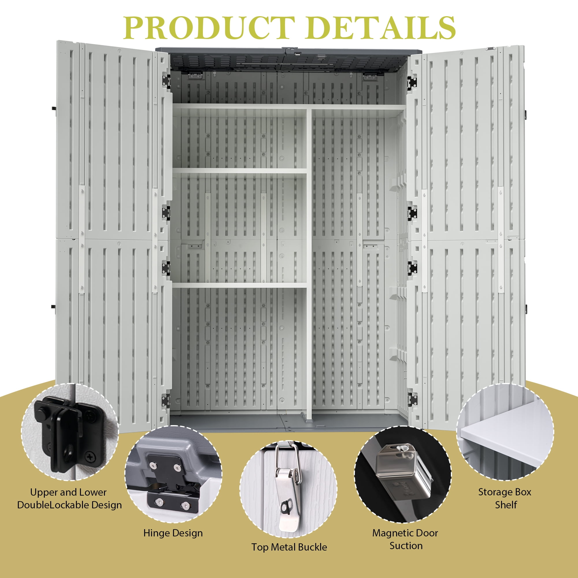 LZBEITEM 61 Cu.ft Upgraded Outdoor Horizontal Storage Shed with 4 Adjustable Shelves, Weather-Resistant Resin Tool Sheds, Multi-Opening Door, Waterproof & Lockable