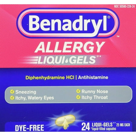 Benadryl Liqui-Gels Antihistamine Allergy Medicine, Dye Free, 24 Ct, 4-Pack