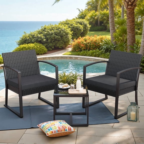 Homall 3 Pieces Outdoor Rocking Chairs, PE Rattan Chairs with Cushions and Coffee Table Conversation Set