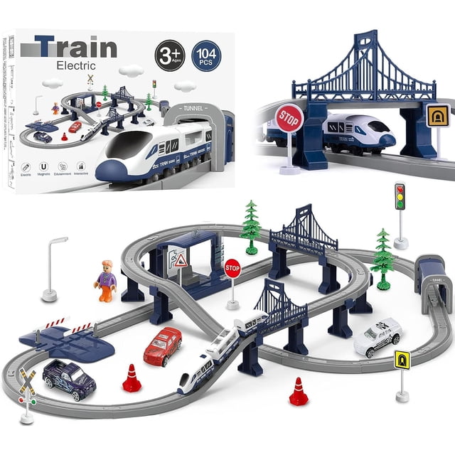 TradeOpia Train Sets for Kids - 104 PCS, featuring a battery-operated electric train with tracks, bridges, tunnels, and various accessories like traffic signs, trees, and cars. The set includes a railway station and figures, designed for children aged 3 and up. The train requires 2 AAA batteries (not included).