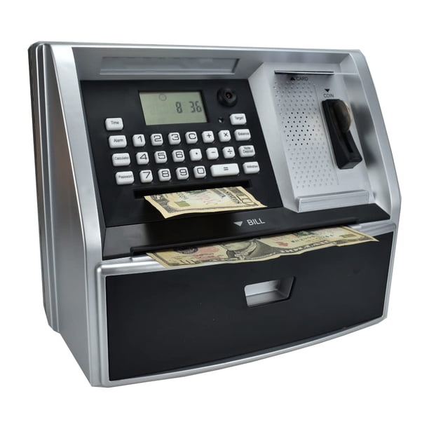 Cajero Automático Caja de Ahorros con Tarjeta de Débito, Hucha Electrónica para Dinero Real, Configuración de Objetivos, Inicio de sesión con Contraseña (Negro/Plata)