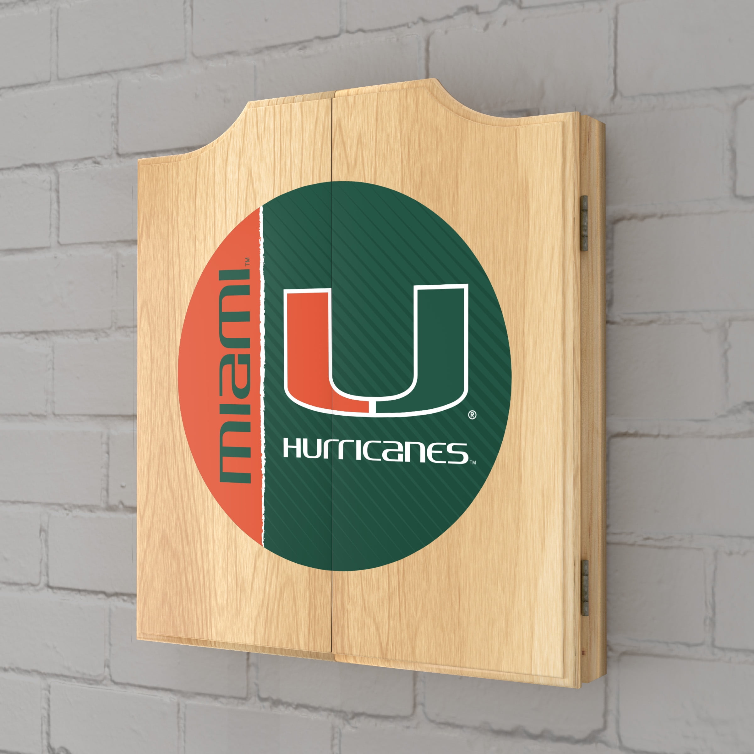 University of Miami Text Dart Board Cabinet Set with 6 Steel Tip Darts