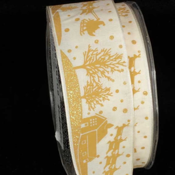 The Ribbon People Wonderful Ivory and Gold Santa on Sleigh Wired Craft Ribbon 1.5" x 27 Yards