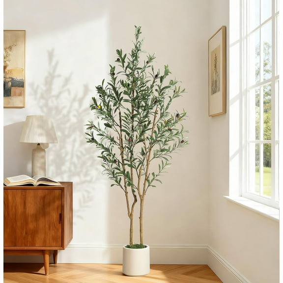 Olive Trees Artificial Indoor, 5FT Tall Faux Olive Tree with White Planter & Green Fake Moss, Artificial Plants with Natural Wood Trunk & Lifelike Fruits for Home Office Decor