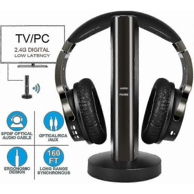 Wireless Tv Headphones With 2.4g Digital Rf Transmitter, Hi-fi On-ear Wireless Headset With Rca/3.5mm/optical Port, For Home Tv Watching Game Co
