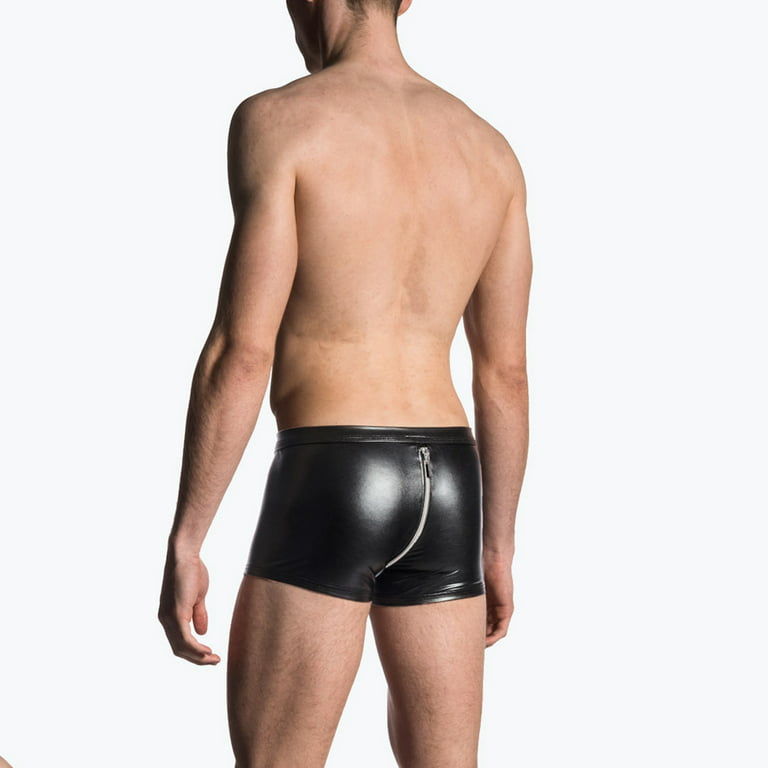 rygai Men Panties U Convex Open Crotch Zipper Underwear Faux Leather Good  Stretch Briefs Underpants for Living Room,Black M
