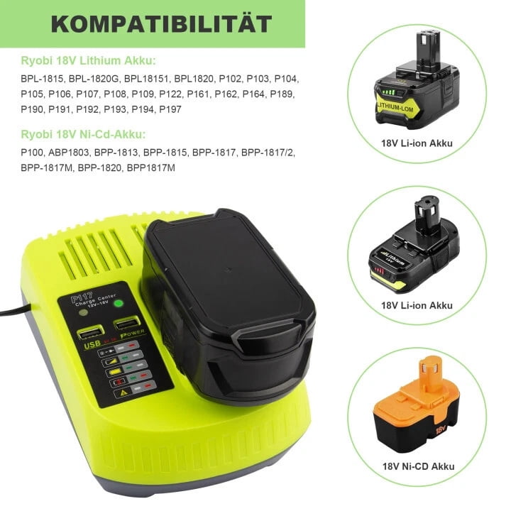 18V Charger Replace for Ryobi P120 P117 P118 P119 P135 【with 2 USB Port Charger】Compatible with P102 P103 P105 P106 P107 P108 P109 P190 P191 PBP002 PBP005 Battery